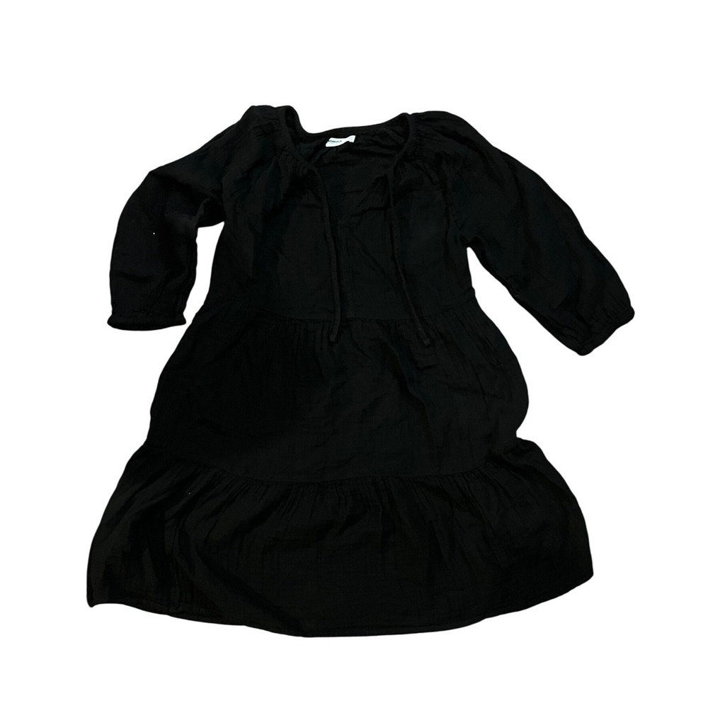 SONOMA 100% cotton Womens Black Tiered Midi‎ Dress Tie Neck 3/4 Sleeve Size M